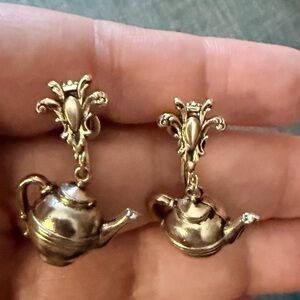 Signed Coro Teapot Kettle Earrings Silvertone Tea Time Kitsch Screwback Tea Pot